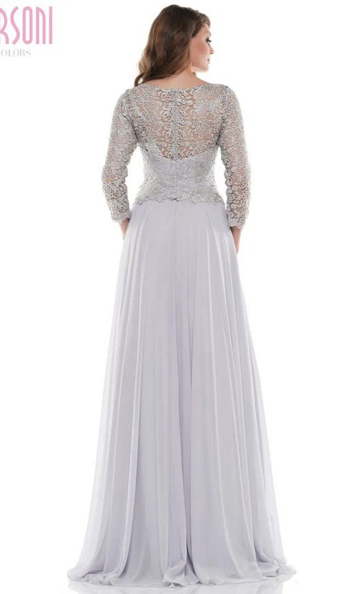 A woman is shown standing and facing away in the Marsoni M223 long formal dress, featuring a light gray color, lace bodice, and three-quarter sleeves.